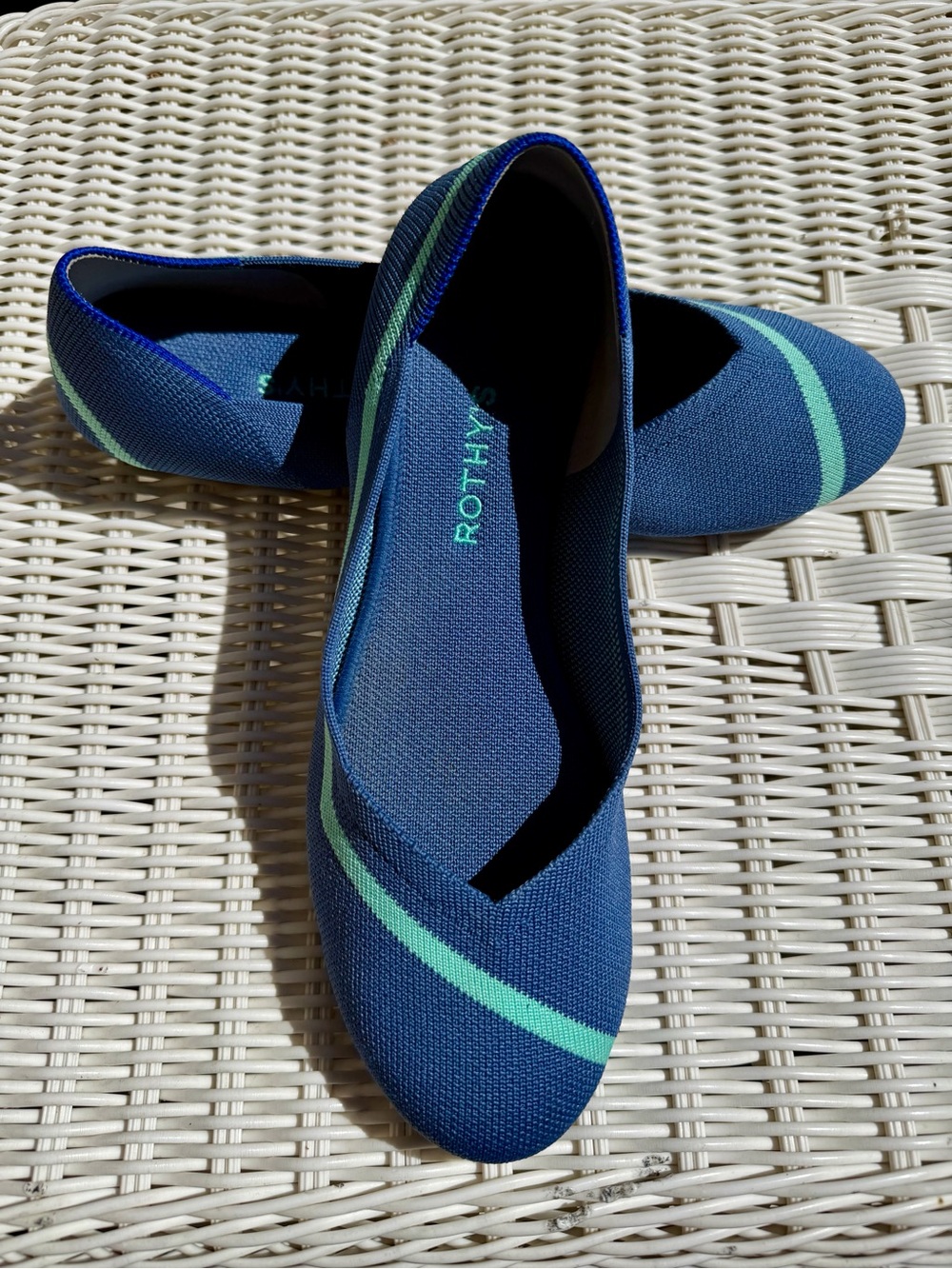Rothy's Round Toe Ballet Flats. Royal Blue with Mint Stripe